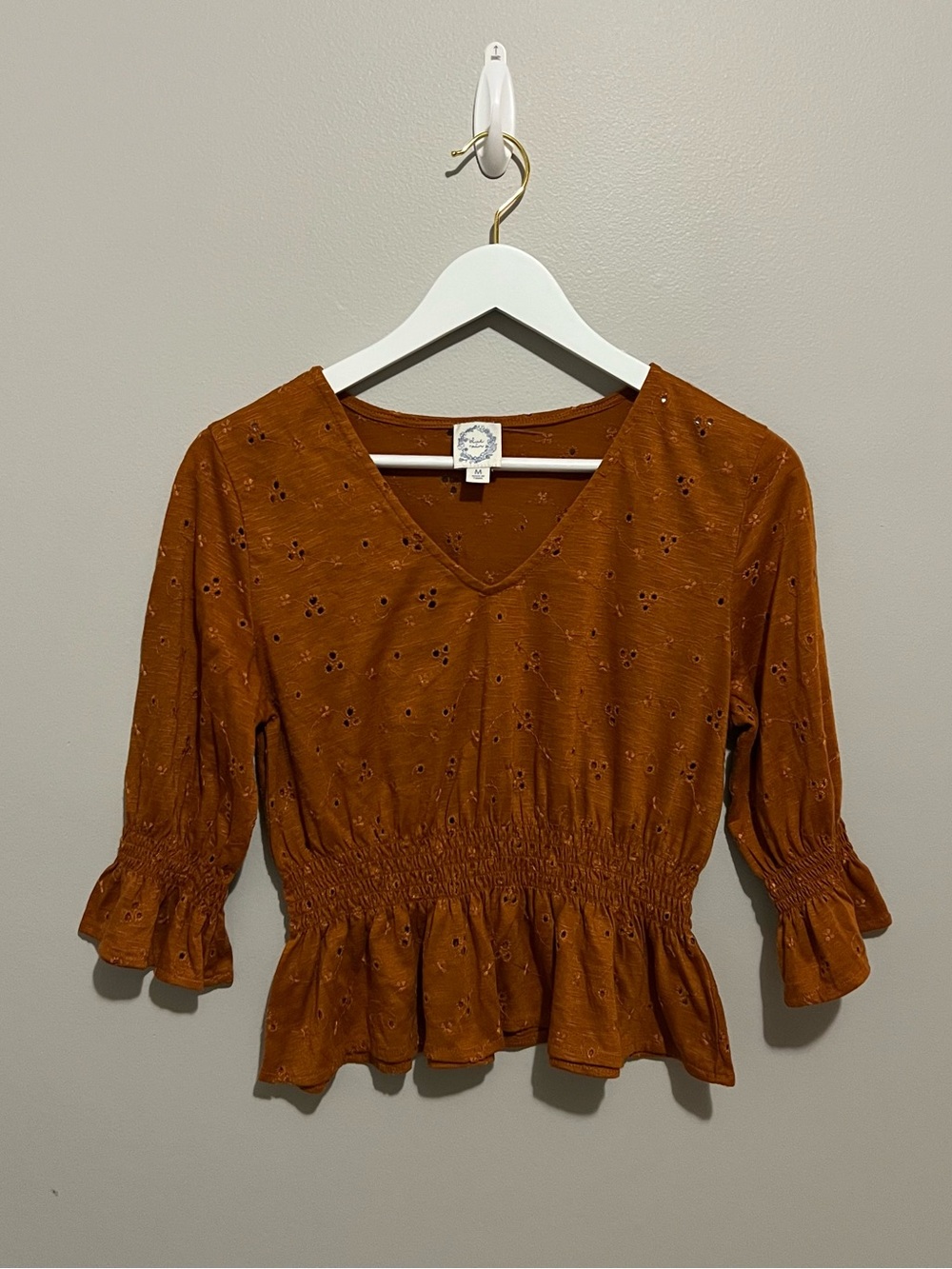 Blue Rain Smocked Peplum V-Neck Blouse in Rust Brown